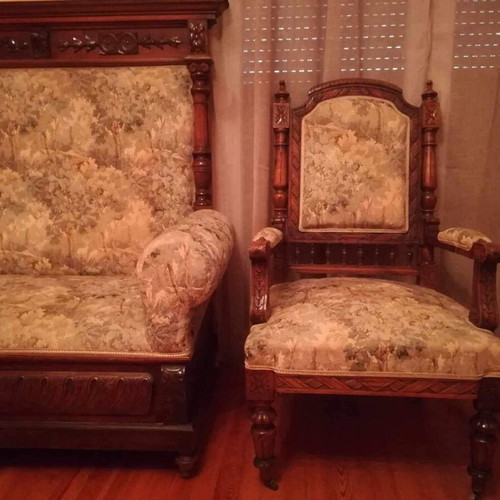 French 1930s sofa used with 2 armchairs, walnut wood