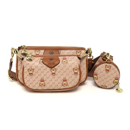 Cream Bear crossbody bag new, set with wallet and strap