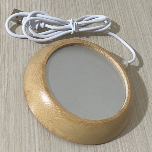 Heated Drink Warmer with USB Cable like new, silver-beige wood effect