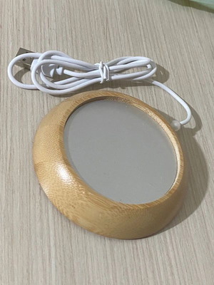 Heated Drink Warmer with USB Cable like new, silver-beige wood effect