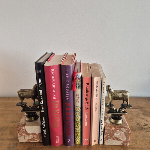 Art Deco brass sheep bookends, original pair on marble bases