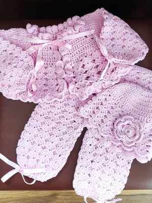 Χειροποίητο σετ για νεογέννητο καινούργιο, παντελόνια, ζακέτα και σκουφάκι