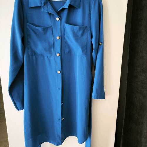 Blue shirt dress new with gold buttons and belt one size