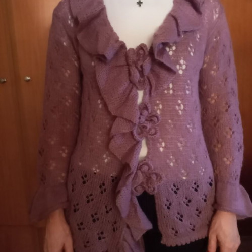 Handmade cardigan used, asymmetrical with ruffles, pink