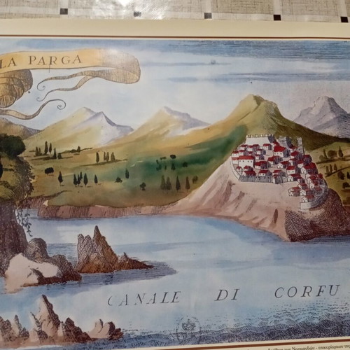 Decorative engraving of Parga and its castle with Corfu canal, new