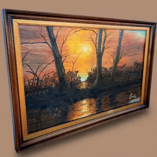 Vintage oil painting Sunset on lake 1983, like new