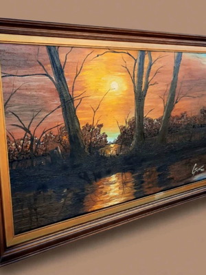 Vintage oil painting Sunset on lake 1983, like new