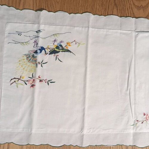 Pillowcases with peacocks used, hand-embroidered 1950s folk art