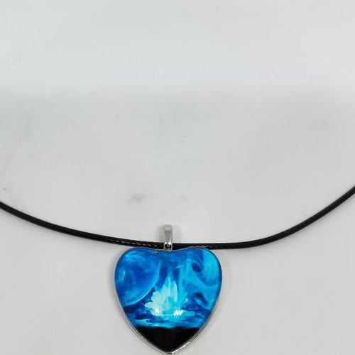 Handmade Heart Necklace with Blue Liquid Glass and Black Cord like new