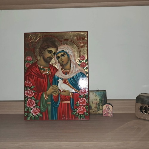 Handmade Byzantine Icon of Saints Peter and Febronia with Flowers