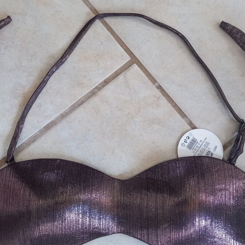Strapless shiny bikini new, brown with removable strap and padding