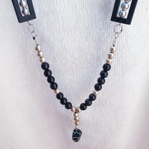 Handmade black beaded long necklace and earrings set