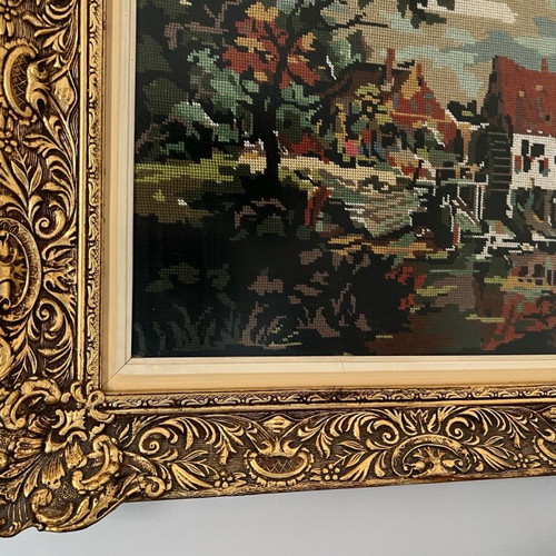 Antique painting handmade embroidery rural landscape like new