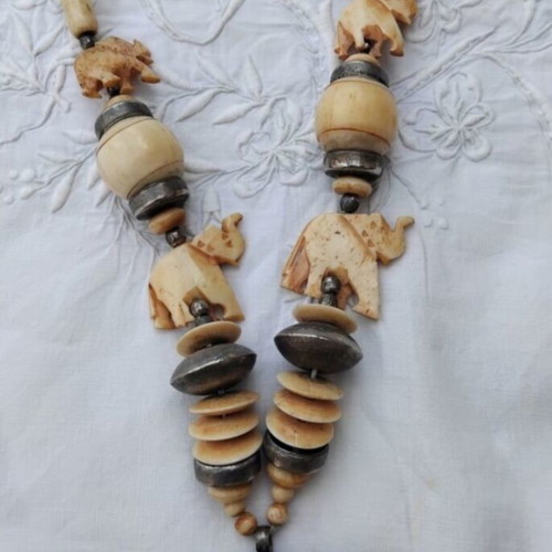 Vintage Ethnic Boho Necklace carved from bovine bone, used
