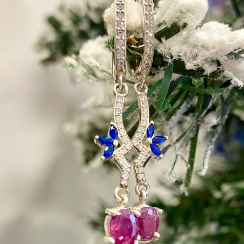 Handmade silver earrings with natural ruby, sapphire and moissanite