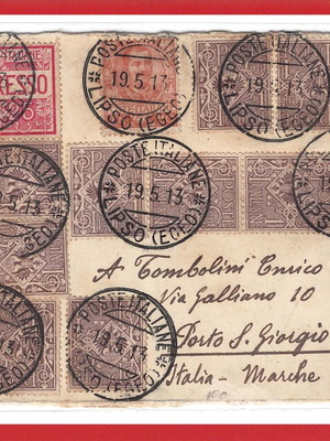 Lipso Egeo 1913 envelope used, with 17 Italian stamps