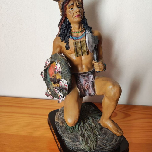 Vintage Native American warrior statue used, kneeling with spear and tomahawk