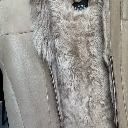 Mouton fur vest used, genuine, gray and beige