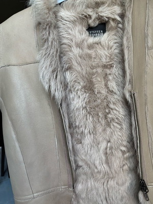 Mouton fur vest used, genuine, gray and beige