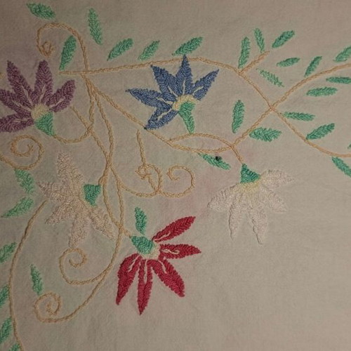 Vintage tablecloth with multicolored embroidered flowers, 133x128 cm