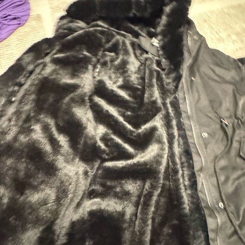 Black jacket used with removable fur lining and adjustable waist size S