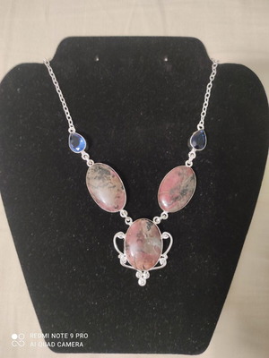 Ethnic Necklace with Rhodonite and Blue Topaz, New, Silver Chain 40cm