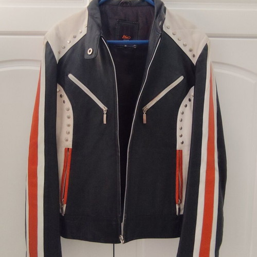 Vintage Iso leather motorcycle jacket used, size medium, black and white