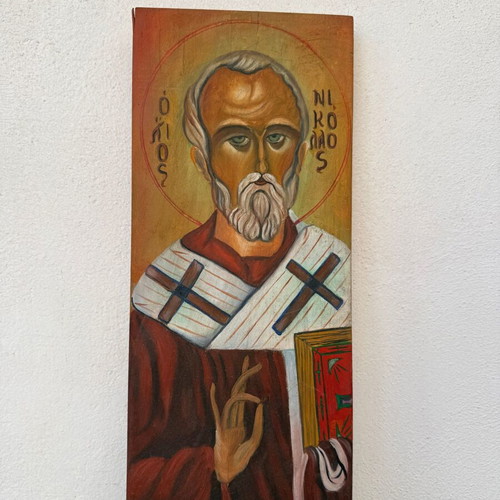 Handmade Saint Nicholas Icon on Natural Wood used, Georgantea
