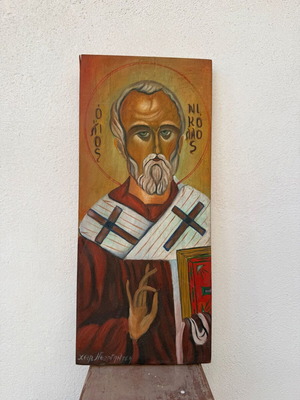 Handmade Saint Nicholas Icon on Natural Wood used, Georgantea
