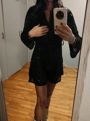 Dress with sequins wrap with shorts and belt, new, black