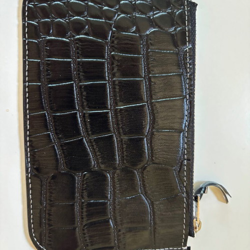 Large black leather Dogon-style wallet with strap and croco texture
