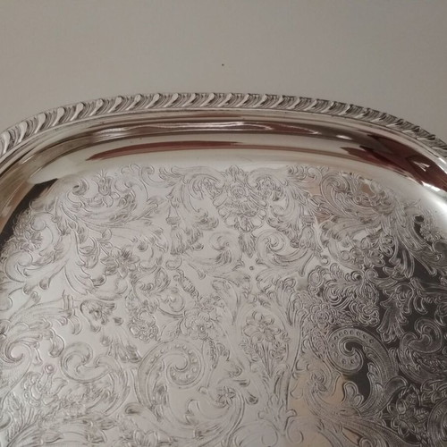Serving tray used, stainless steel vintage with embossed design 39x28.5 cm