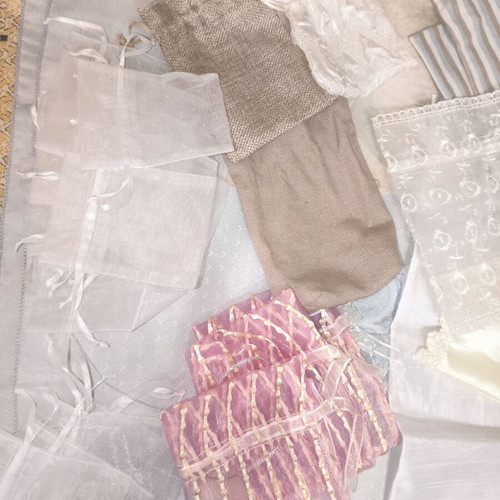 Set of 35 Pouches and Fabrics for Wedding Favors and Crafts like new