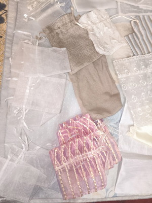 Set of 35 Pouches and Fabrics for Wedding Favors and Crafts like new