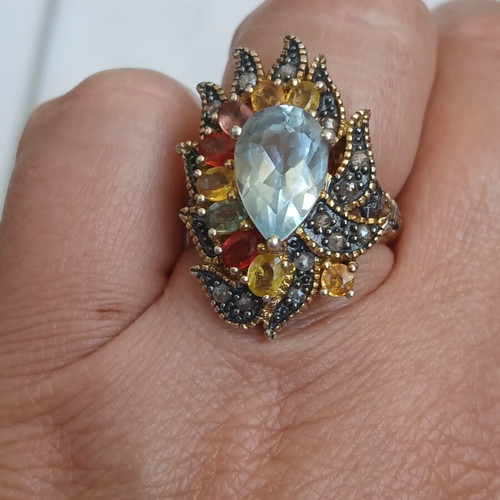Ring with semiprecious stones, 9K gold, 925 silver and old cut diamonds, 17 mm