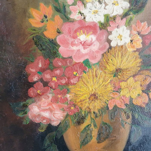 Vintage oil painting on canvas used, vase with colorful bouquet