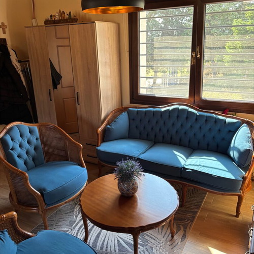 Classic handmade living room set like new with sofa, armchairs, and wooden table