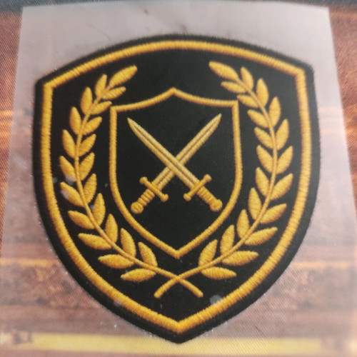 Shield with two golden swords and laurel leaves new, iron-on patch