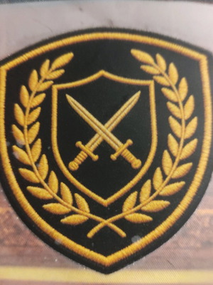 Shield with two golden swords and laurel leaves new, iron-on patch