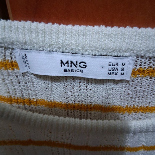 Mango Women's Blouse Like New, Airy Knit, Beige with Yellow Stripes, Size M