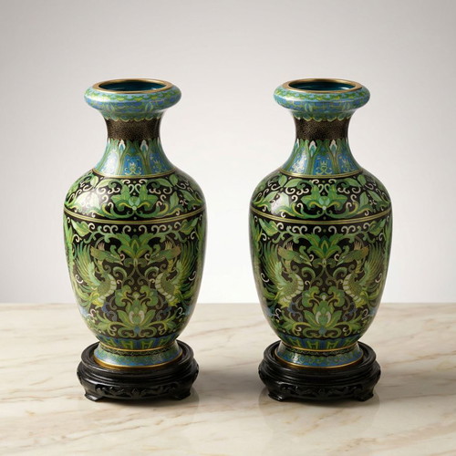 Pair of Cloisonné Vases new, Chinese enamel on black wooden base