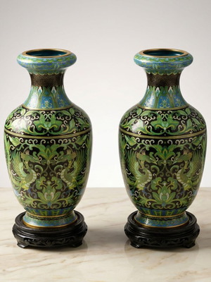 Pair of Cloisonné Vases new, Chinese enamel on black wooden base