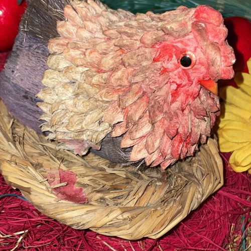 Woven Easter basket like new with hen and 3 red eggs
