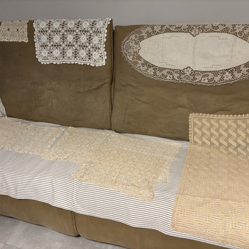 Traditional handmade crochet table linens, 75 pieces, vintage