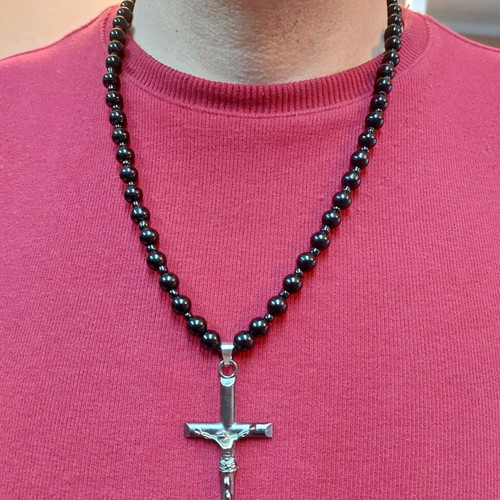 Necklace new with metal cross and hard resin beads
