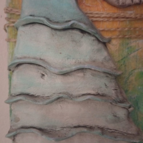 Mixed Media Ceramic 3D Figure on Wood, like new