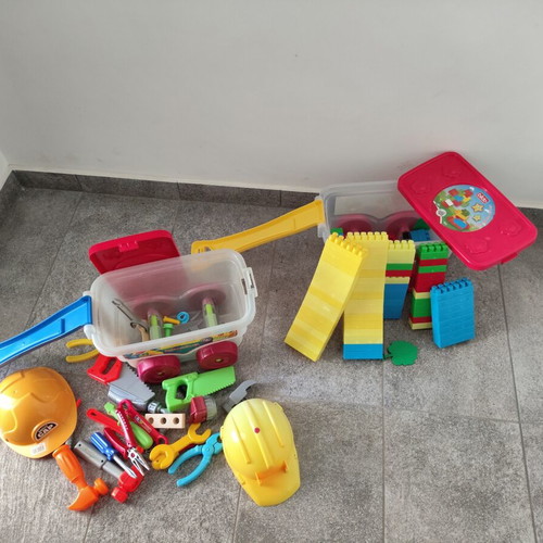Building blocks and various tools in sliding trolley like new