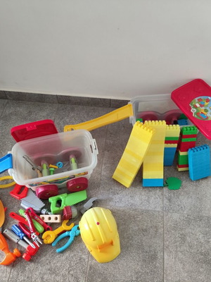 Building blocks and various tools in sliding trolley like new