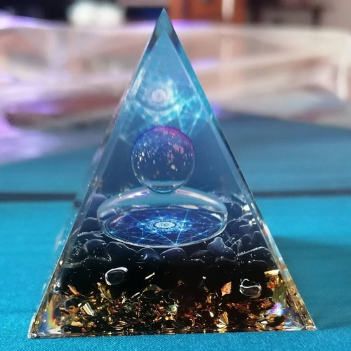 Orgonite pyramid with obsidian and gold leaves new