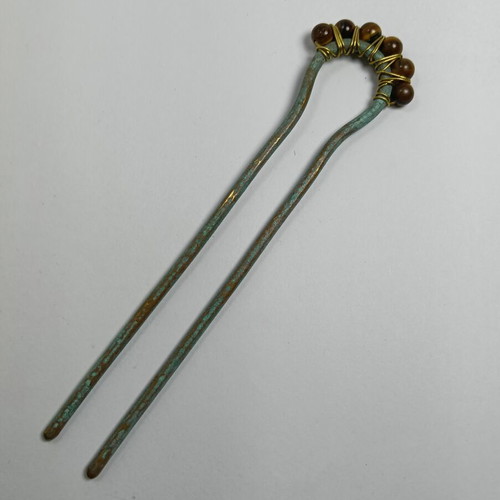 Hair Fork handmade, new, brass oxidized with semi-precious stones